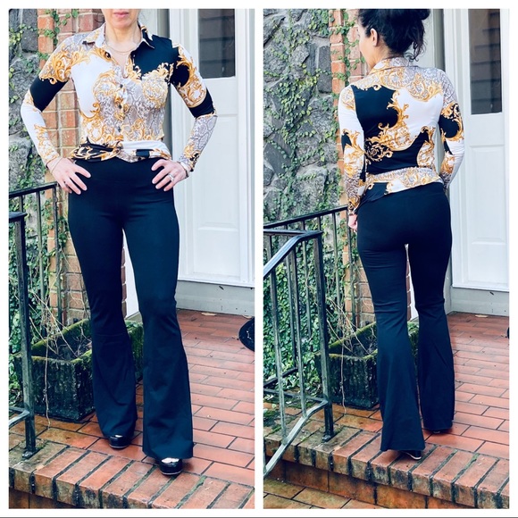 Black chic cotton blend bell flare pants - Picture 3 of 6